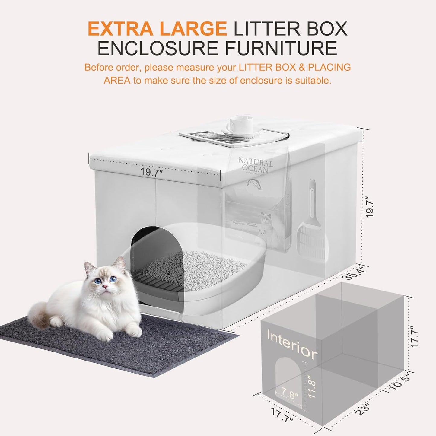 Cat Litter Box Enclosure Furniture Hidden, Cat Washroom Bench Storage Cabinet | Extra Large 36'' X 20'' X 20''| Dog Proof | Waterproof Inside/Easy Clean | Easy Assembly | Odor Control(White)