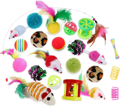 24Pcs Cat Toys Kitten Interactive Pet Toys Assortments, Foldable Rainbow S-Tunnel, Cat Feather Teaser, Wand Interactive Feather Toy, Fluffy Mouse, Crinkle Balls, Bell Play for Cat, Puppy, Kitty, Kitten