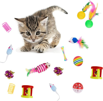 24Pcs Cat Toys Kitten Interactive Pet Toys Assortments, Foldable Rainbow S-Tunnel, Cat Feather Teaser, Wand Interactive Feather Toy, Fluffy Mouse, Crinkle Balls, Bell Play for Cat, Puppy, Kitty, Kitten