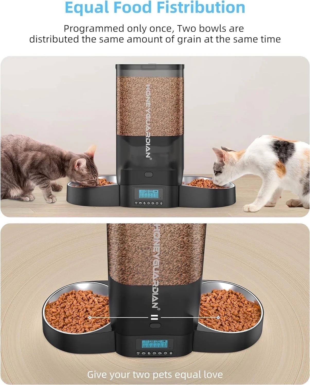 5L Automatic Cat Feeder for Two Cats, Cat Food Dispenser with Stainless Steel Bowl,Timed Cat Feeder Programmable 1-6 Meals Control, Dual Power Supply,Desiccant Bag,10S Meal Call